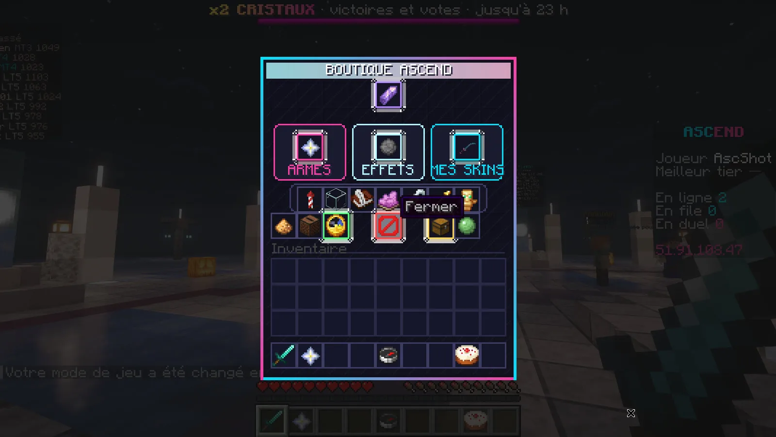 La boutique dans le jeu, avec les skins d'armes et les effets